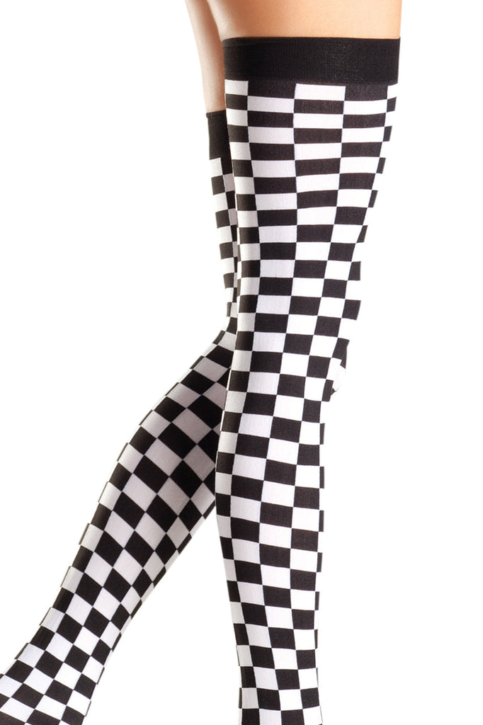 Shop these black and white checkerboard thigh high stockings