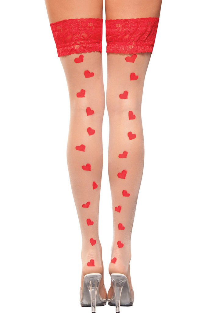 Shop these sheer thigh highs with red lace tops and heart backseams