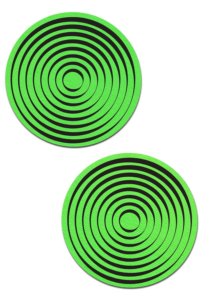 Shop these Splat Neon Green trippy spiral nipple covers that glow in the dark!