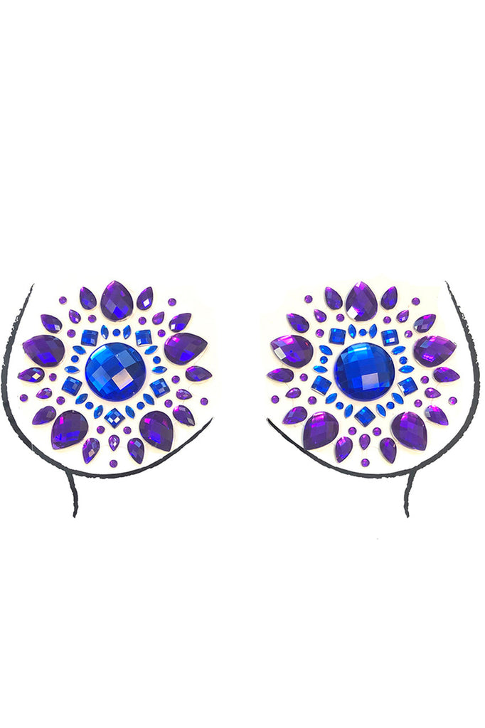 Shop these purple crystal boob jewels that feature colorful crystal stick on nipple pasties that feature flower rhinestone nipple covers