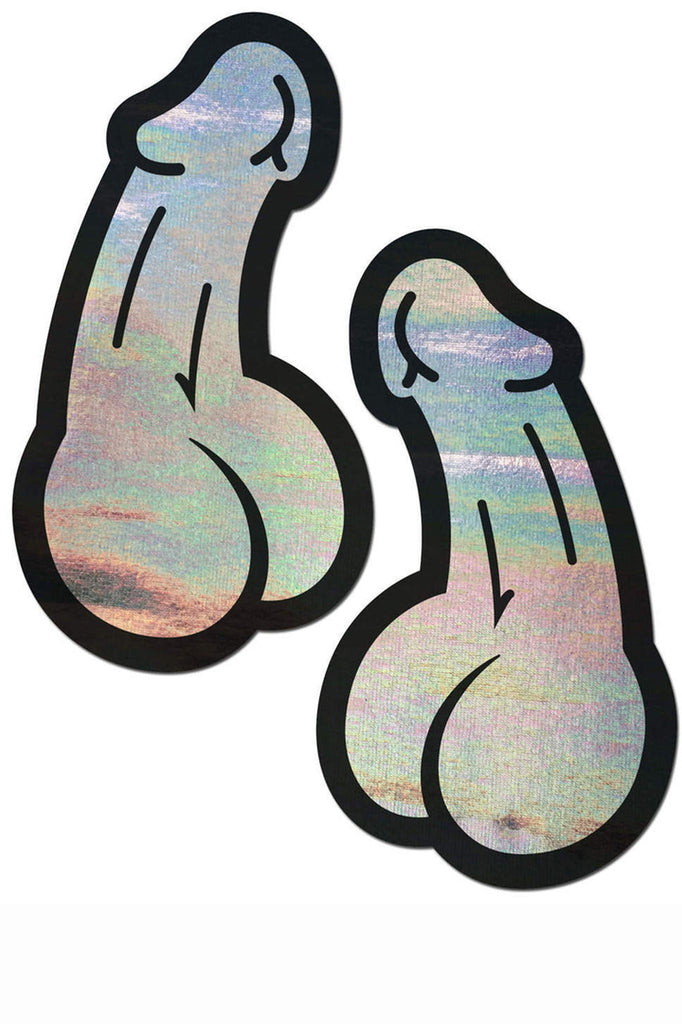 Shop these silver hologram dick pasties that feature large silver penis sticker for skin or wherever