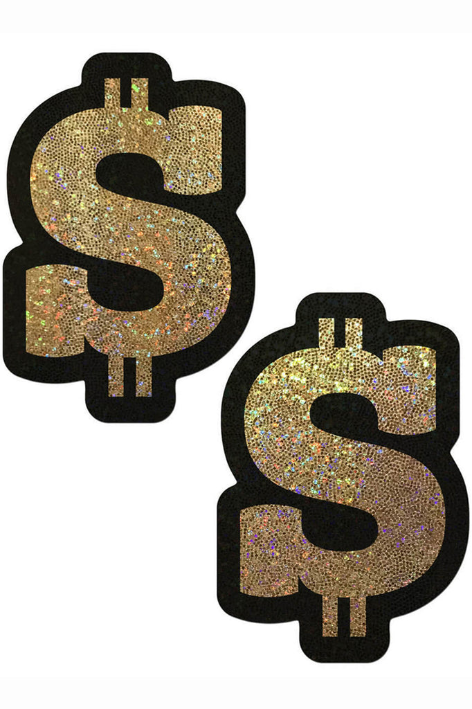 Shop these nipple stickers that feature glittery gold dollar signs breast pasties