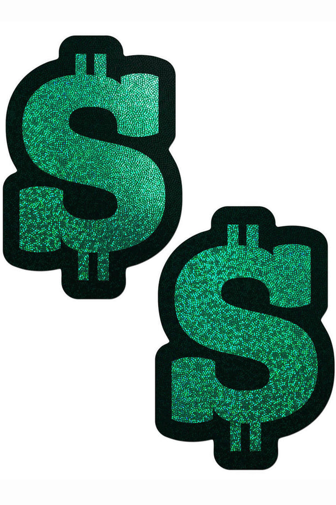 Shop these nipple stickers that feature glittery green dollar signs breast pasties