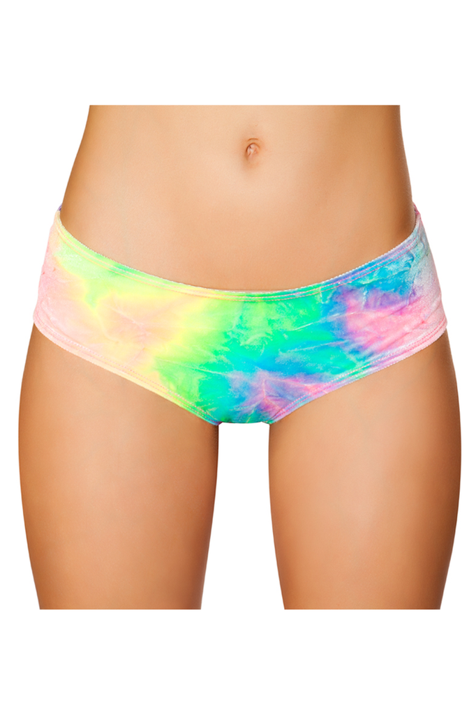 Shop J Valentine rainbow tie dye booty shorts with cheeky cut back. Rave and Festival Wear.