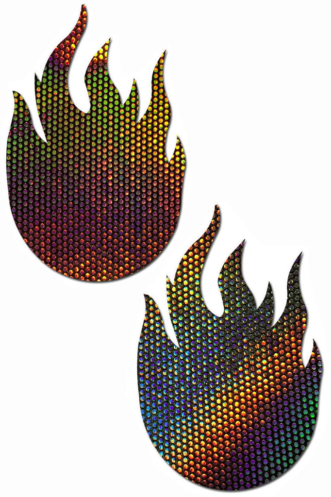 Shop these holographic midnight glitter flame pasties for a sexy flame nipple cover