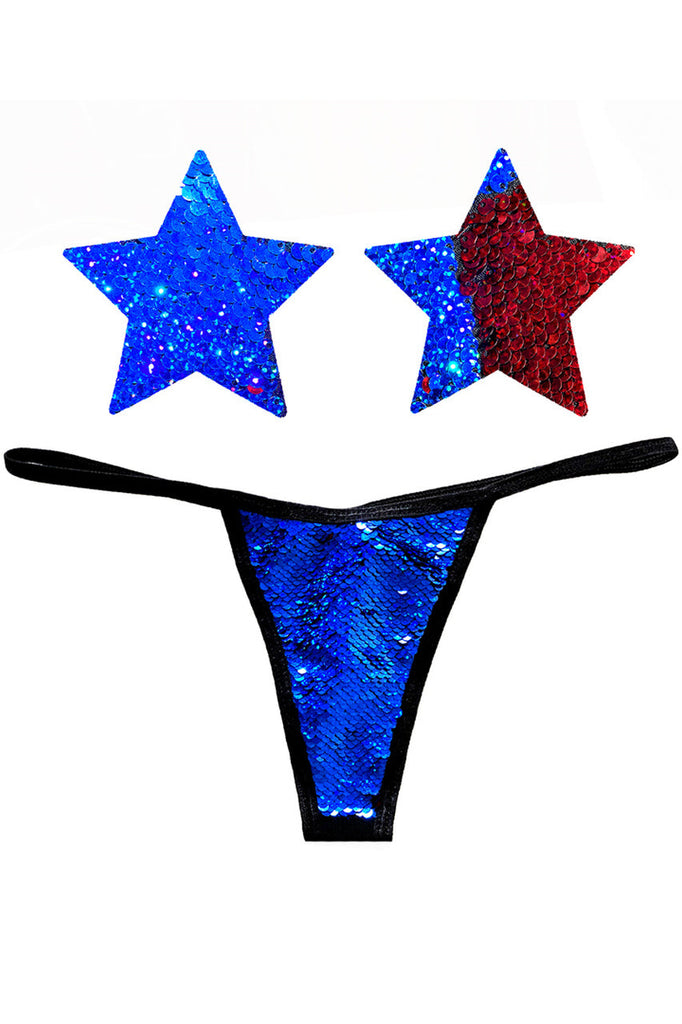 Shop this NevaNude blue and red sequin nipple pasties and sequin panty