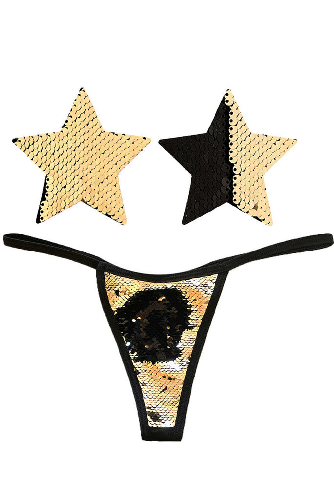 Shop these black and gold sequin Flip Sequin Nipple Pasties &amp; G-String Panty that features a flip sequin nipple pasties and matching flip sequin g string panty