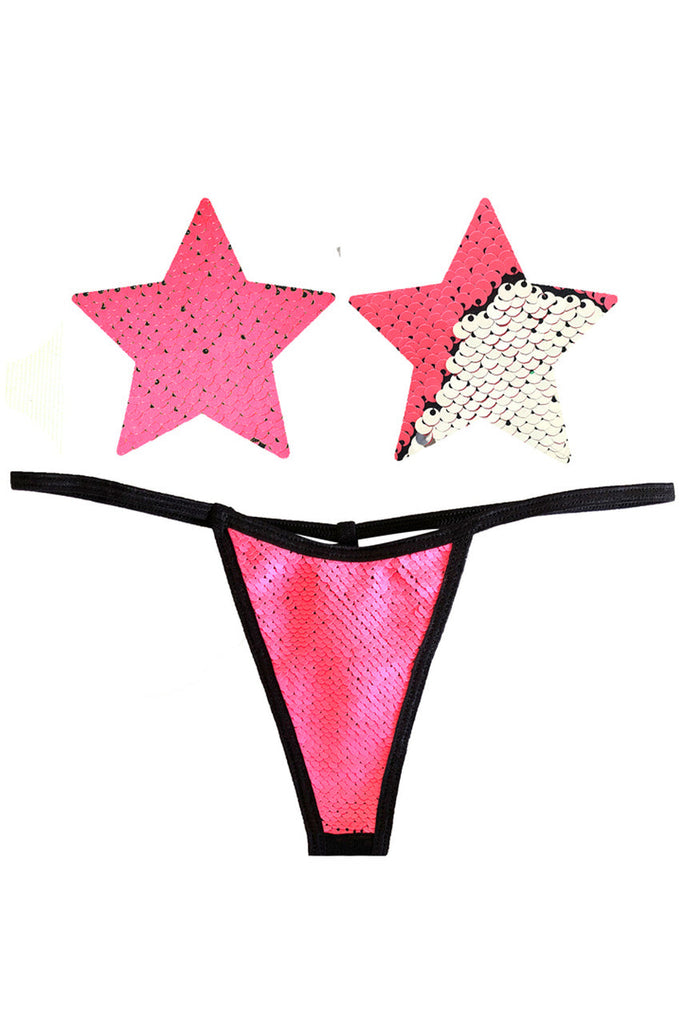 Shop these black-light reactive pink sequin Flip Sequin Nipple Pasties &amp; G-String Panty that features a flip sequin nipple pasties and matching flip sequin g string panty