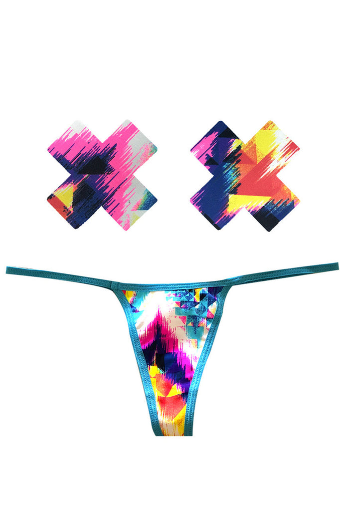Shop these Neon Block party Nipple Pasties &amp; G-String Panty that features a black light reactive neon pattern with matching g string panty