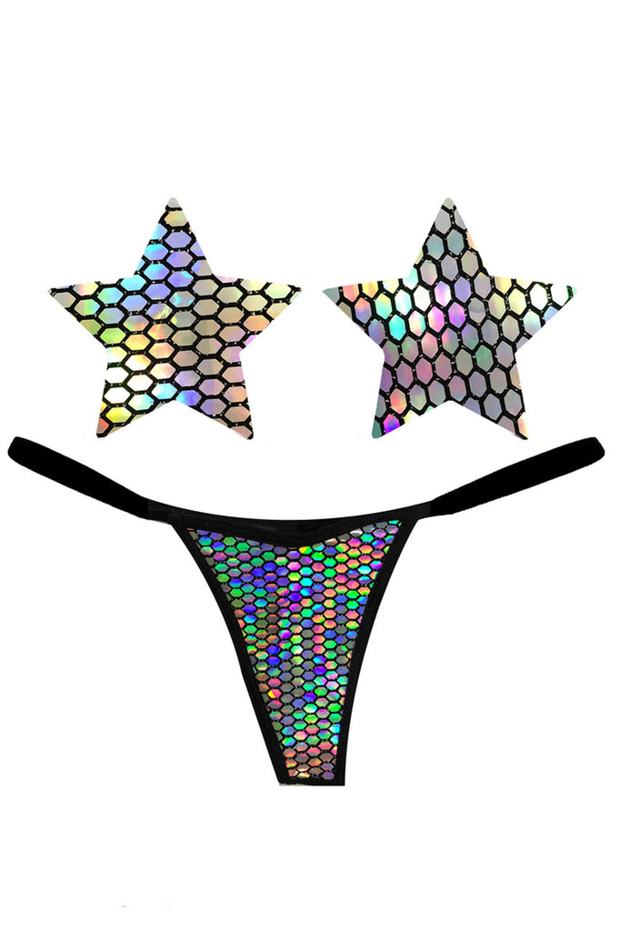 Shop these silver holographic nipple pasties and matching g string panty from Naughty Knix