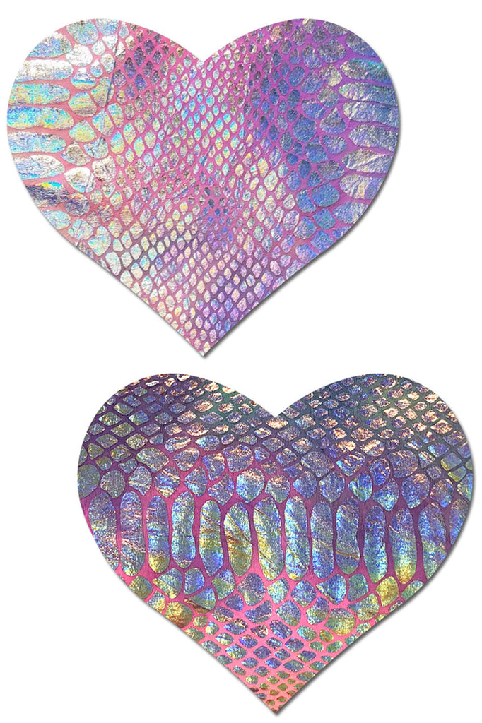 Silver Holographic Snake Print Heart Nipple Pasties