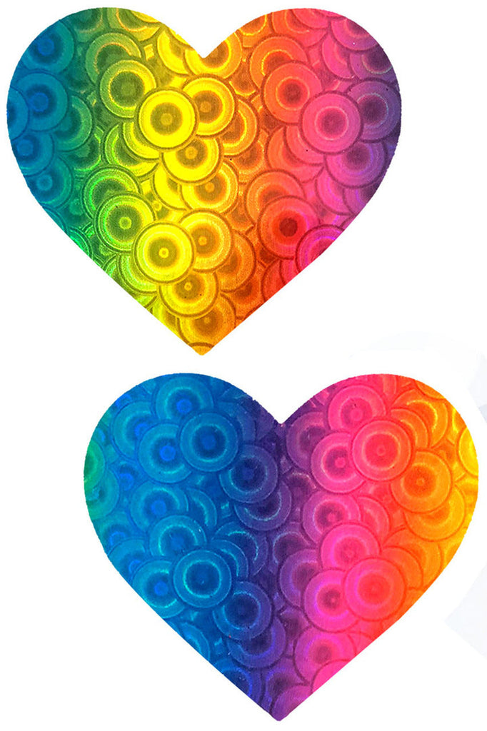 Shops these rainbow tie dye heart nipple pasties that feature a hypnotic foil