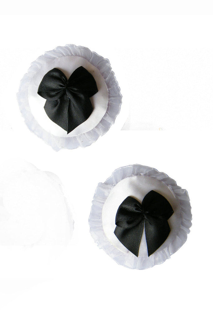Shop these white cone shape nipple covers with black satin bows