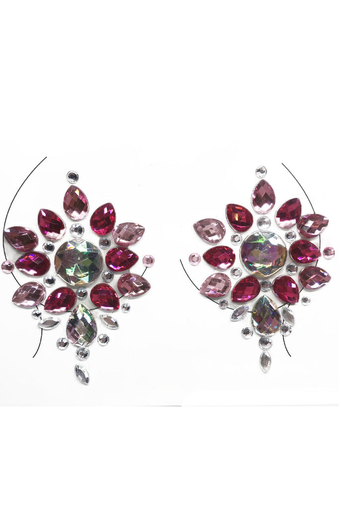 Shop these crystal boob jewels that feature colorful crystal stick on nipple pasties that feature rhinestone nipple covers in a  pink and iridescent color