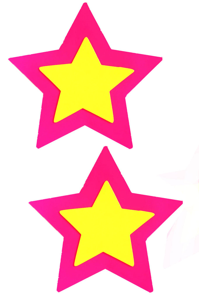 Shop these women's nipple pasties that feature neon yellow and neon pink stars that are blacklight reactive