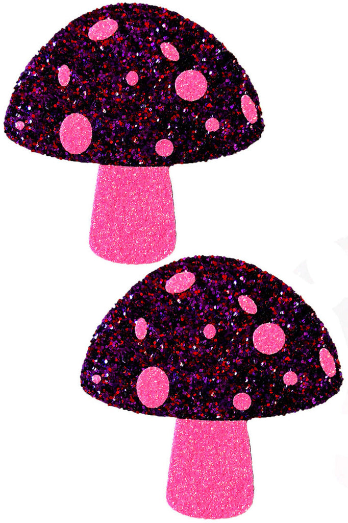 Pink UV Shroom Nipple Pasties with purple glitter mushroom nipple pasties