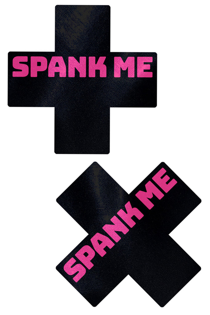 Shop these nipple stickers that feature black xx's with pink SPANK ME text nipple breast pasties