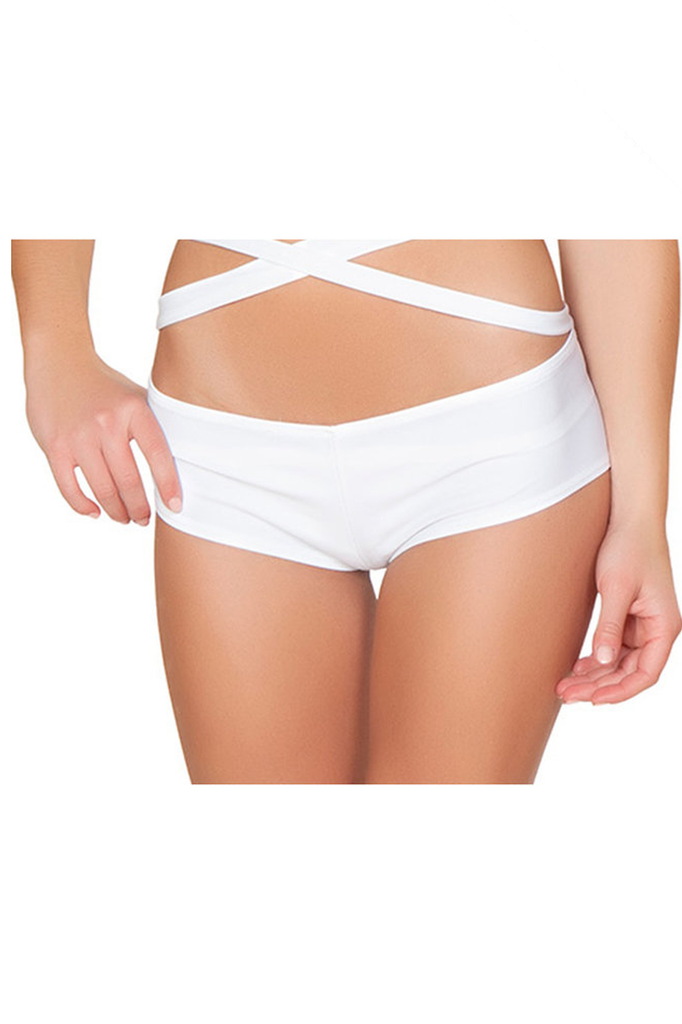 J Valentine white basic shorts that are low cut with hipster style.