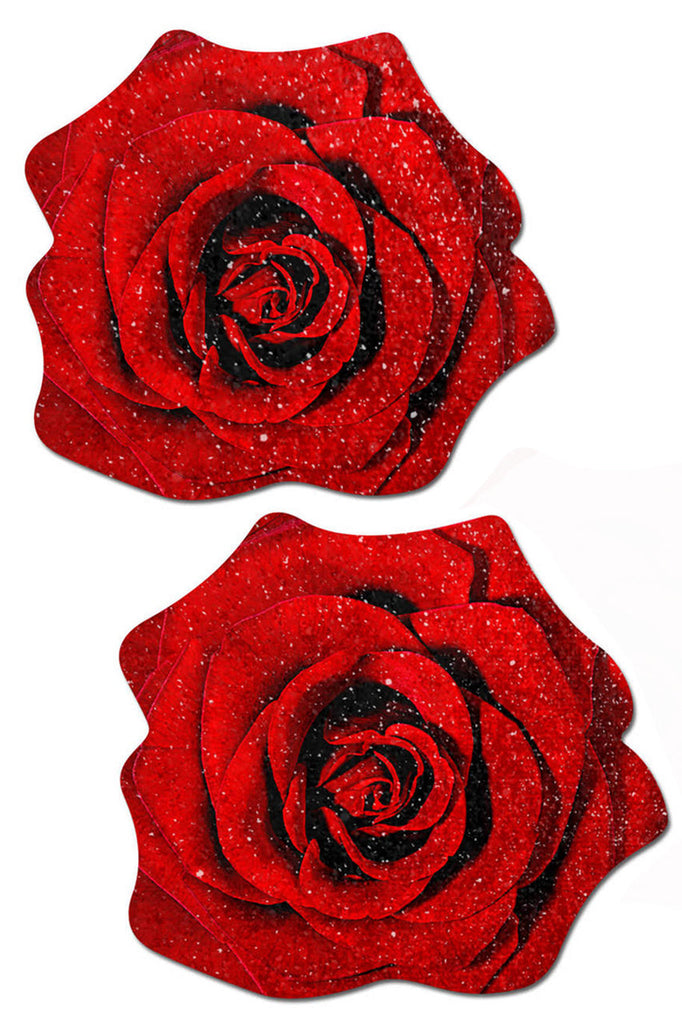 Red Glitter Velvet Roses Nipple Pasties, roses nipple pasties, red roses nipple pasties