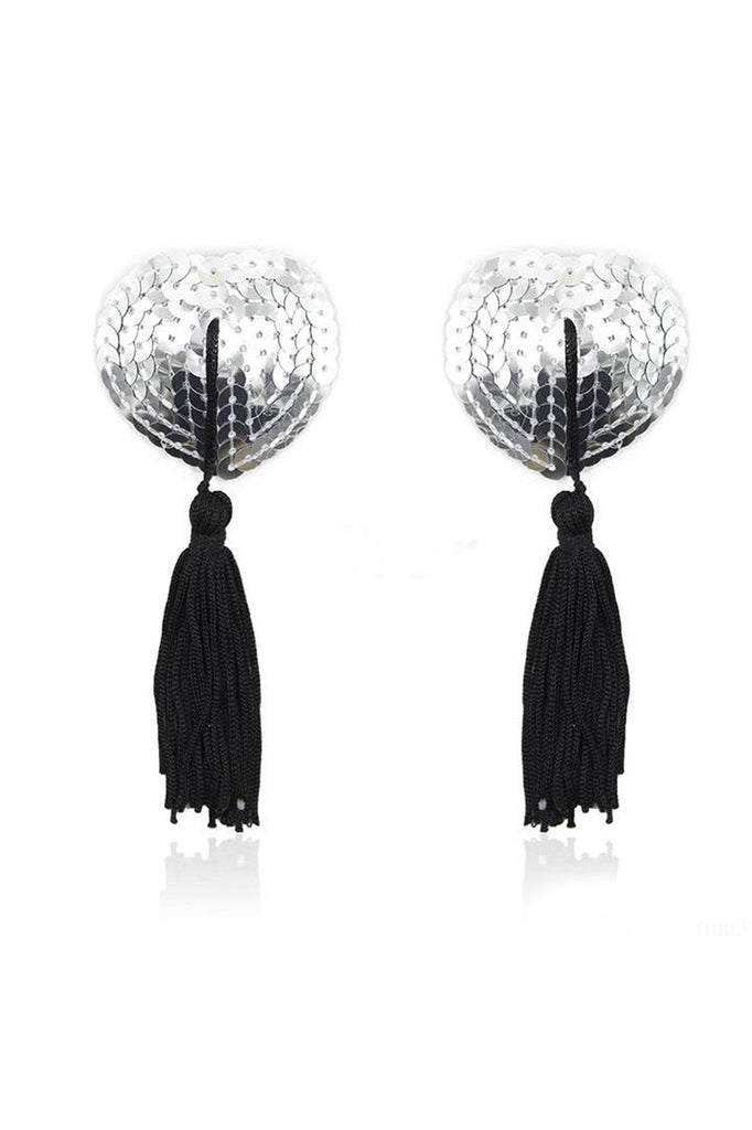 Shop these silver sequin tassel nipple pasties with heart shaped cone nipple pasties
