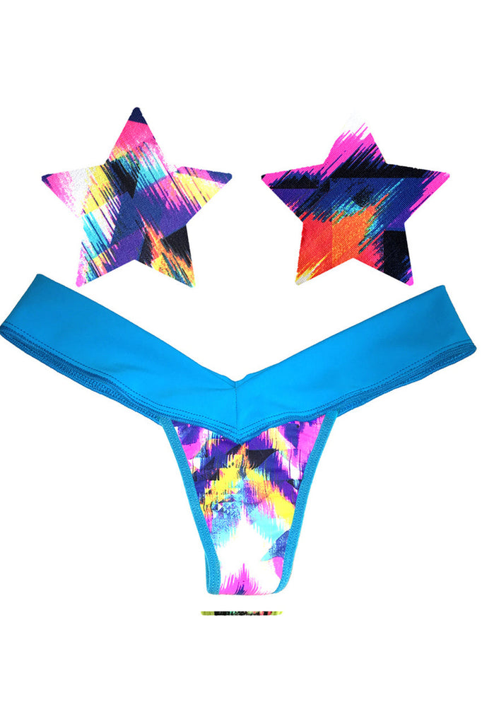 Shop these neon blue block party Nipple Pasties &amp; Thong Panty that features a black light reactive neon pattern with matching g string panty