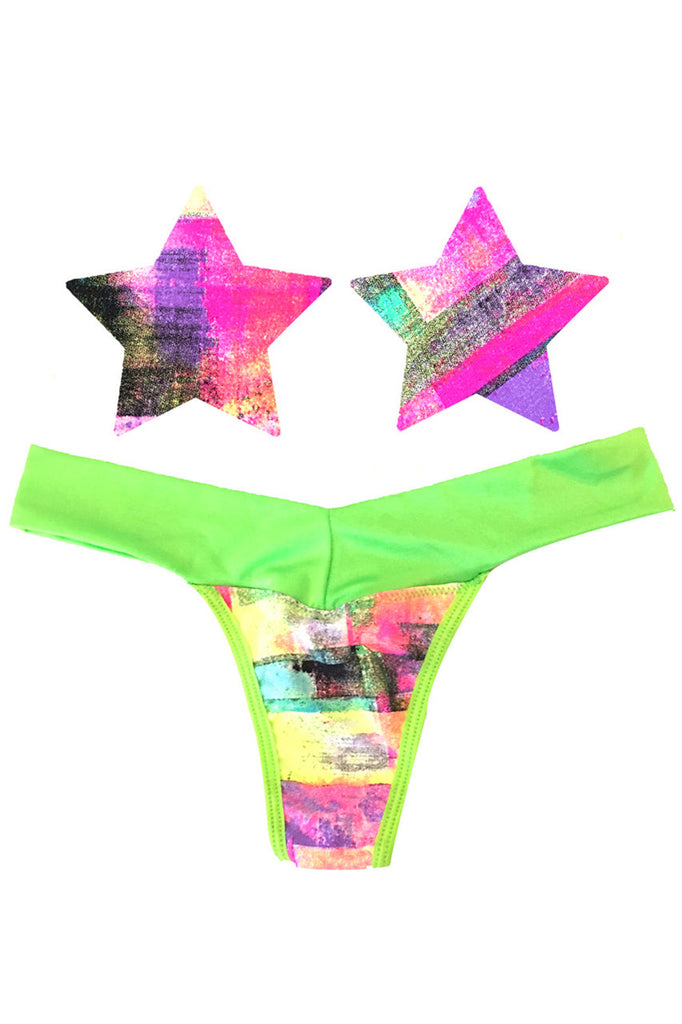 Shop these neon green tetris Nipple Pasties &amp; Thong Panty that features a black light reactive neon pattern with matching g string panty
