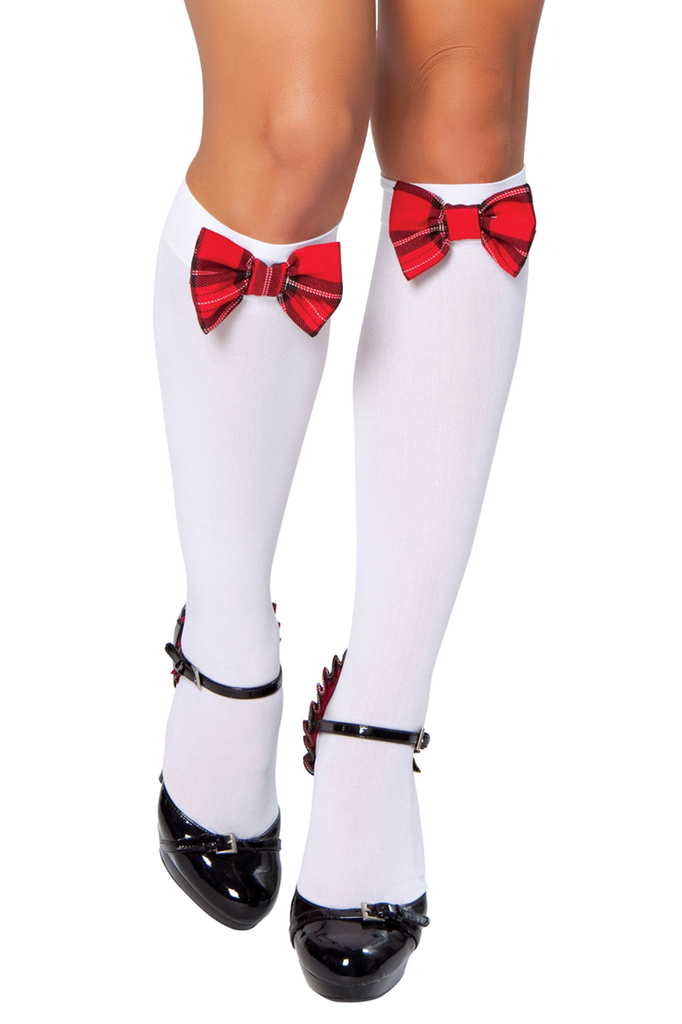Shop this women's sexy white opaque knee high stockings with red plaid bows