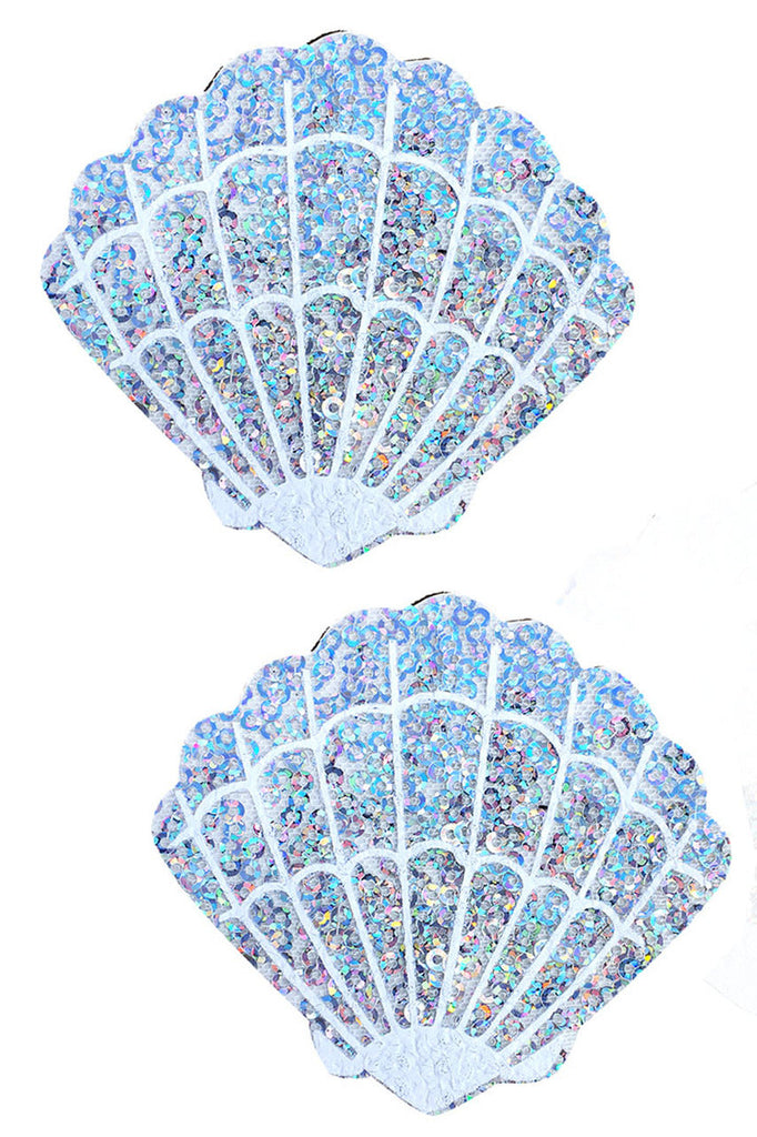 Shop these women's sequin glitter seashell mermaid nipple cover pasties that feature holographic silver seashell breast pasties