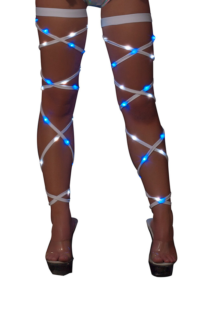 Women's white and blue lights woven into white leg wraps.  Product by J. Valentine.