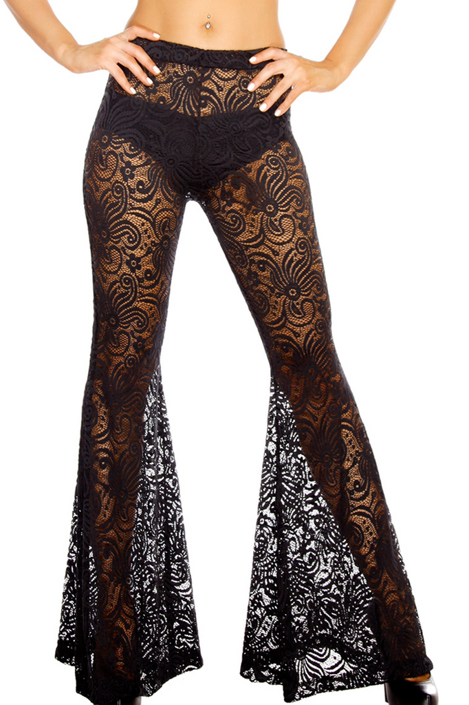 Shop J Valentine black swirl lace bell bottoms with high waist.
