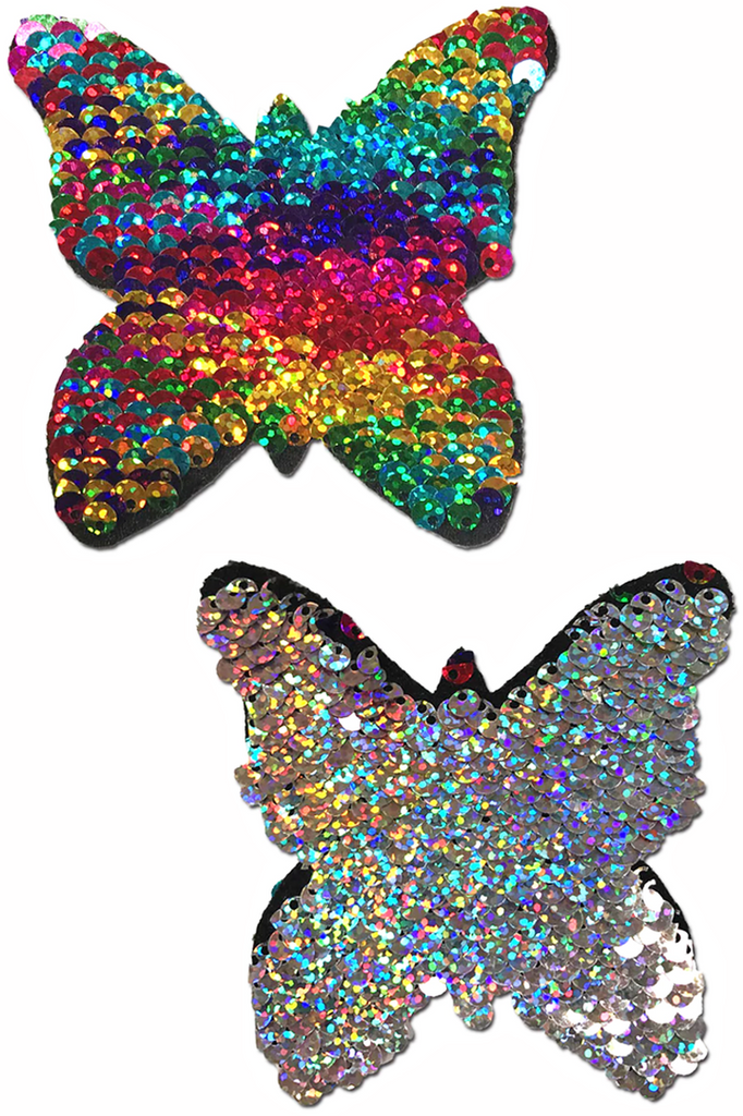 Shop these rainbow and silver sequin butterfly nipple cover pasties with sequins