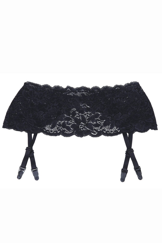 Shop this black lace stretch garter belt with soft stretchy black floral lace and adjustable garter straps