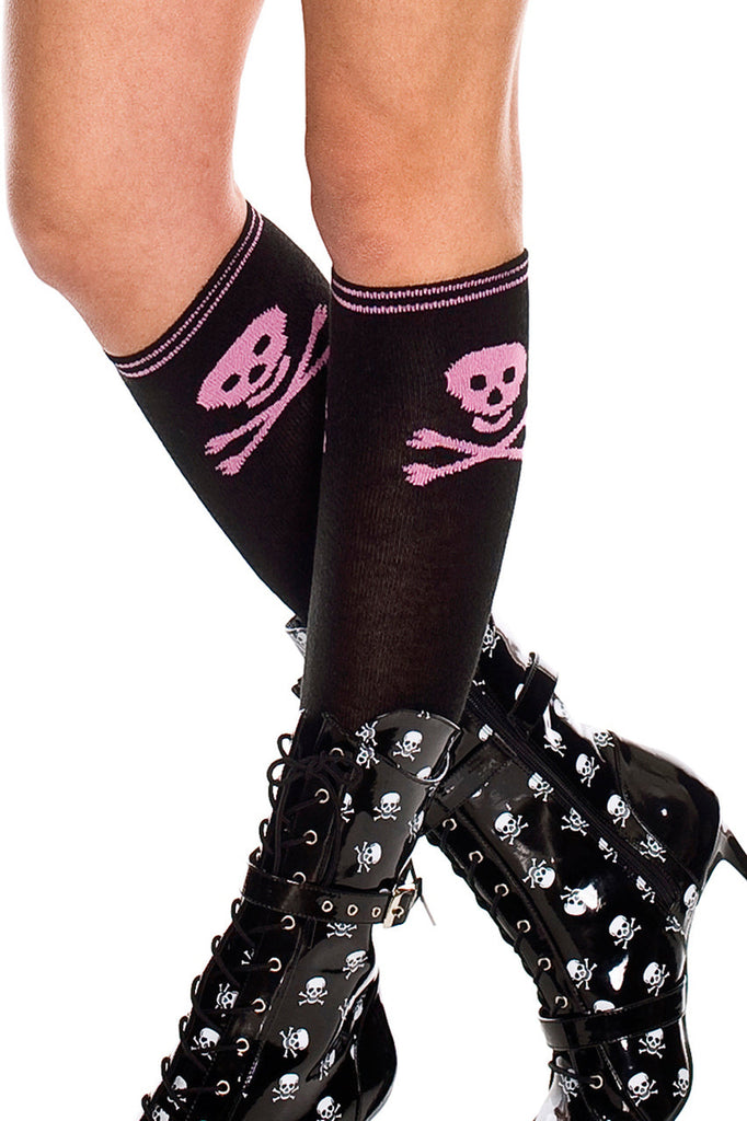 Black knee high stockings with pink skulls on the side