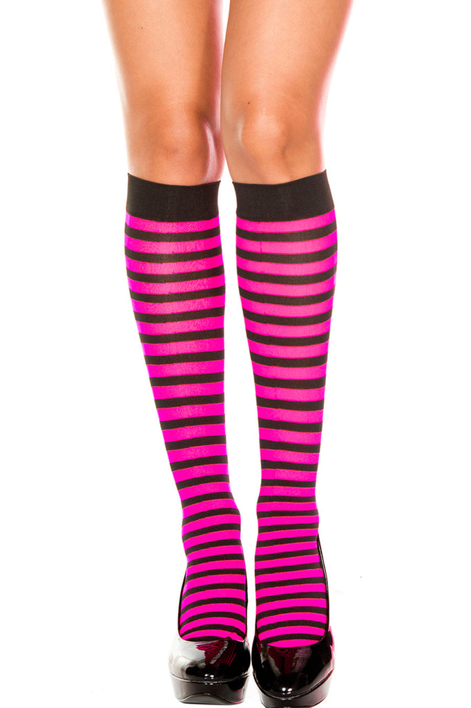 Shop women's knee high stockings with pink and black horizontal stripes