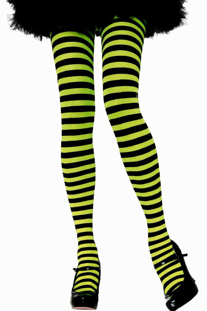 Shop these women's tights with black and lime green stripes