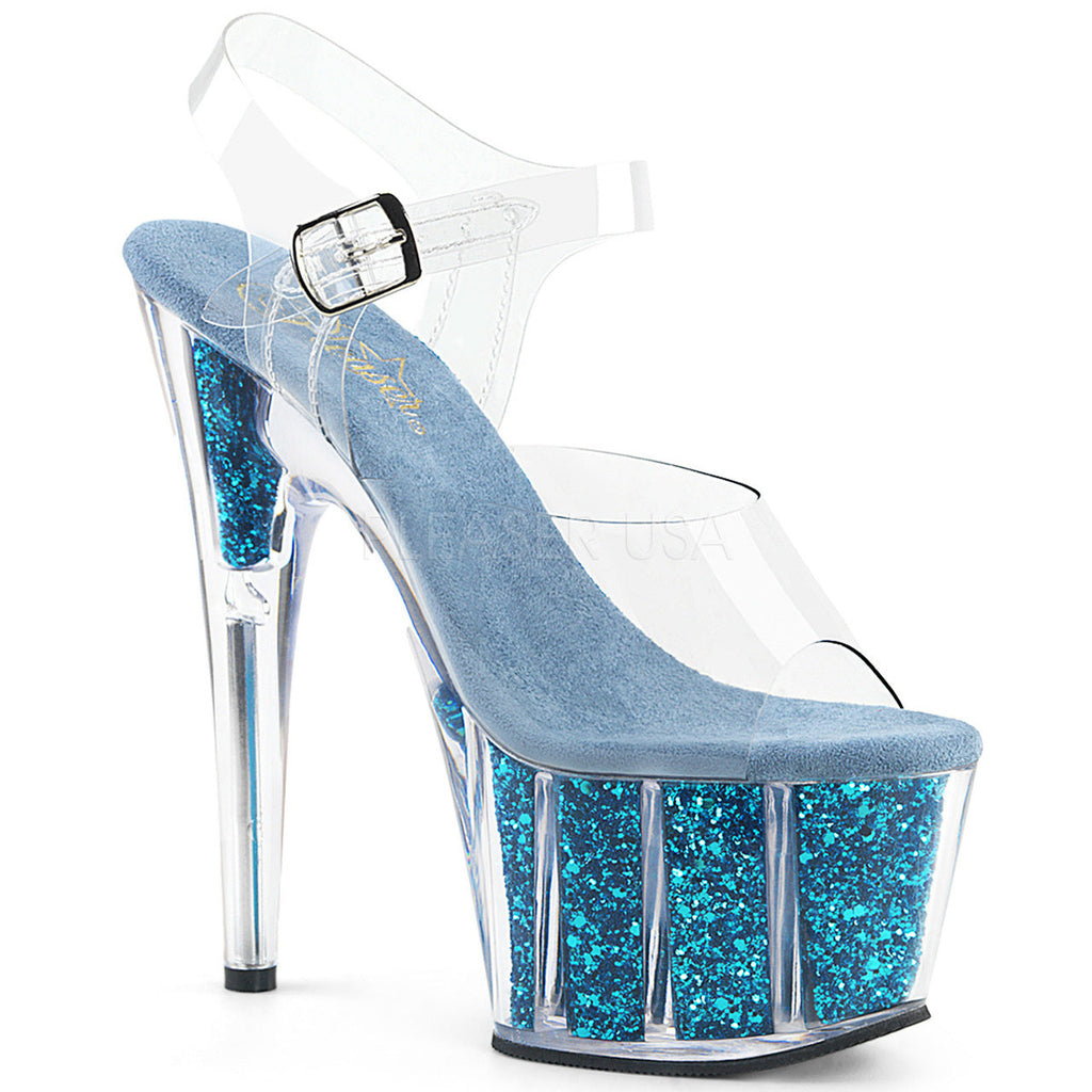 Women's clear/blue glitter ankle strap stripper heels with 7" heel.