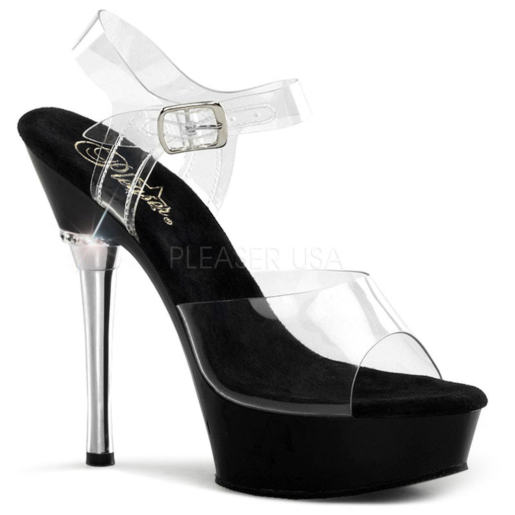 Women's sexy clear/black ankle strap stripper pumps with 5.5" high heel.