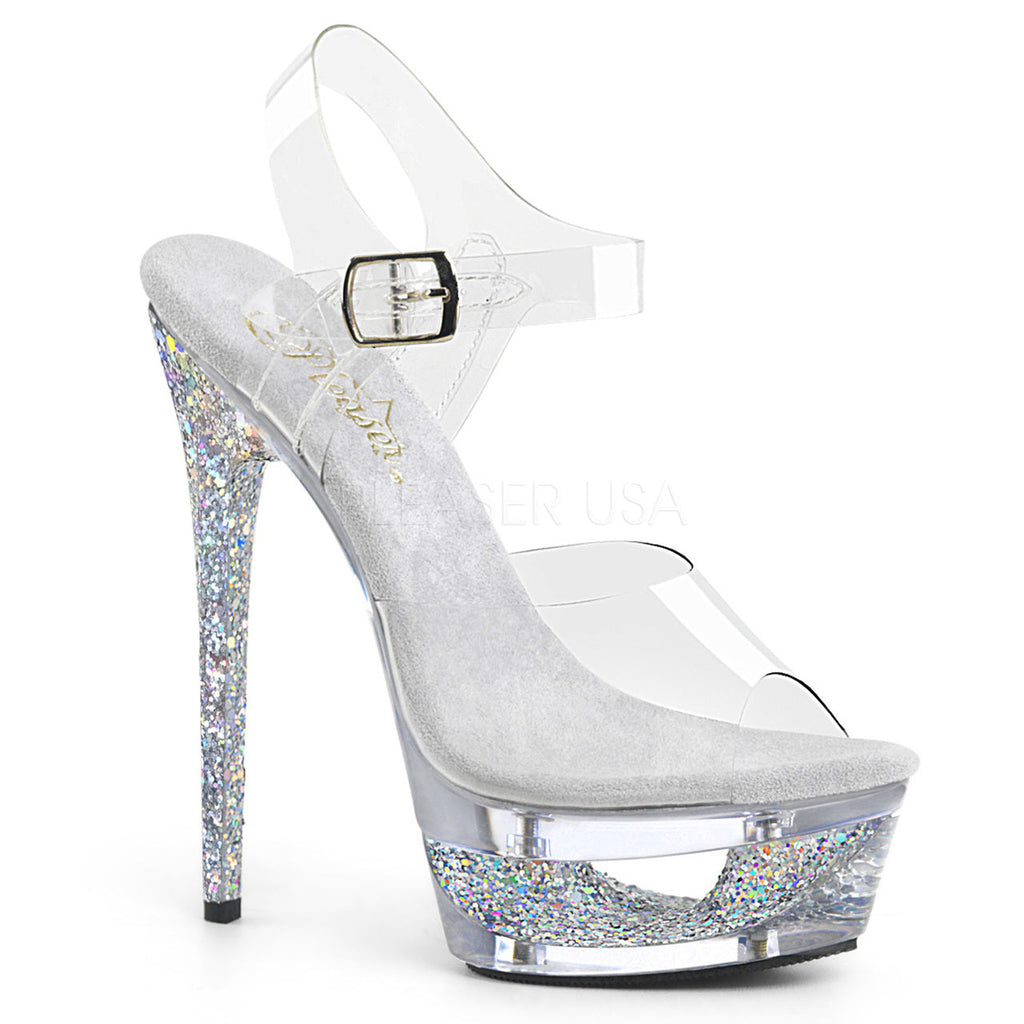 Women's sexy clear/silver glitter ankle strap exotic dancer heels with 6.5" high heel.