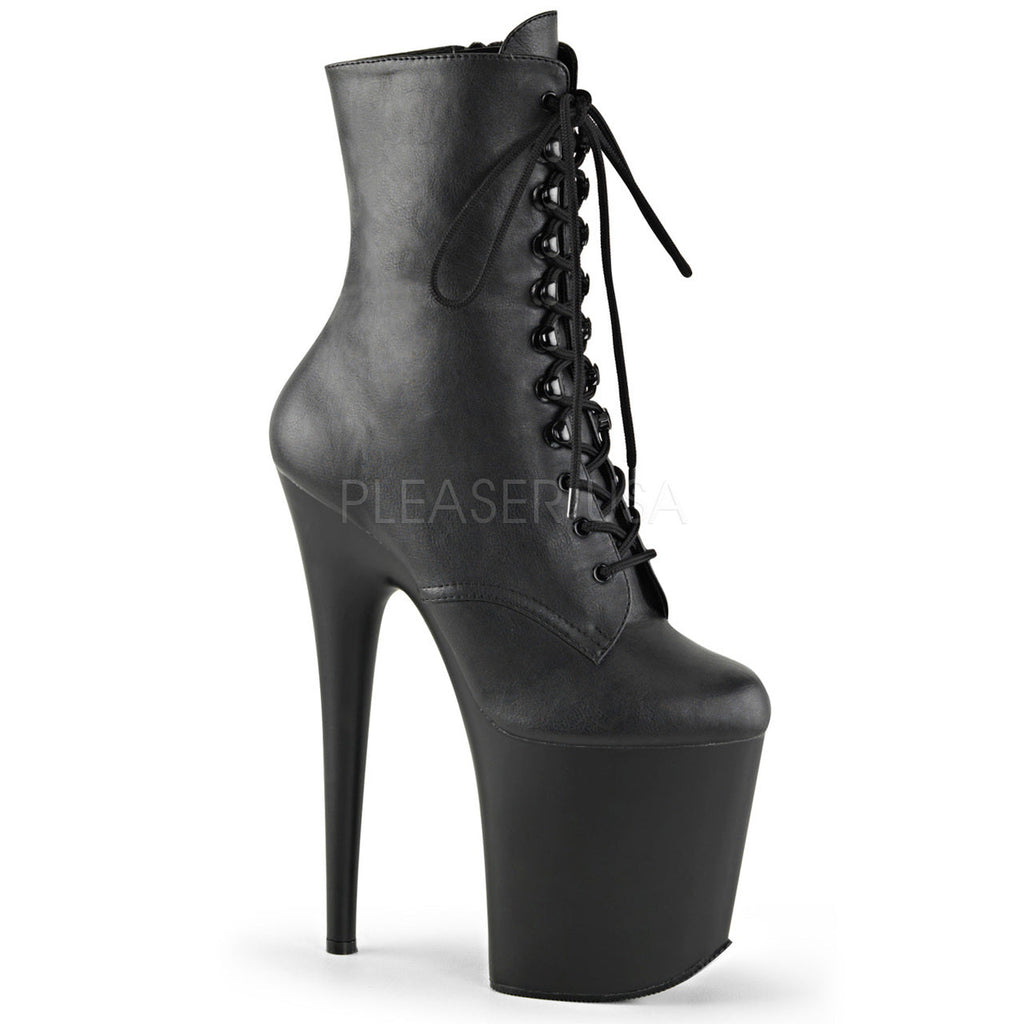 Black faux leather ankle boots with 8"h spike heel - Pleaser Shoes SKU # flam1020/bpu/m