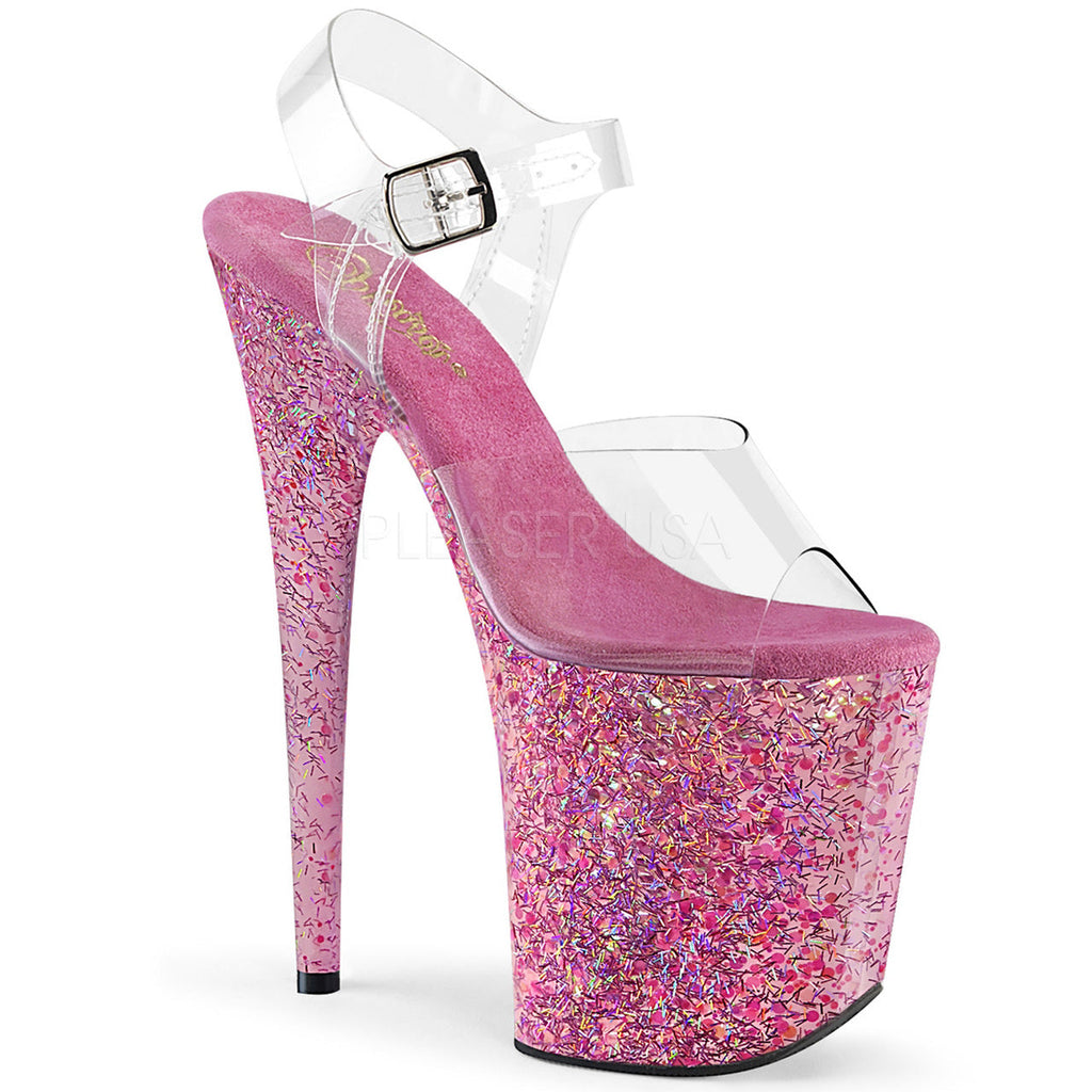 Sexy 8 inch stiletto heel clear and pink stripper shoes featuring 4" platform with ankle strap.