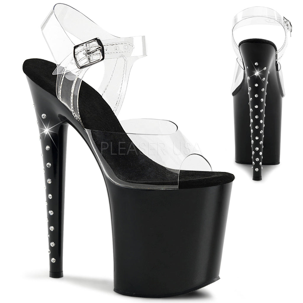 Women's sexy clear/black exotic dancer high heels featuring ankle strap, 8 inch high heel, and 4" rhinestone studded platform - Pleaser Shoes