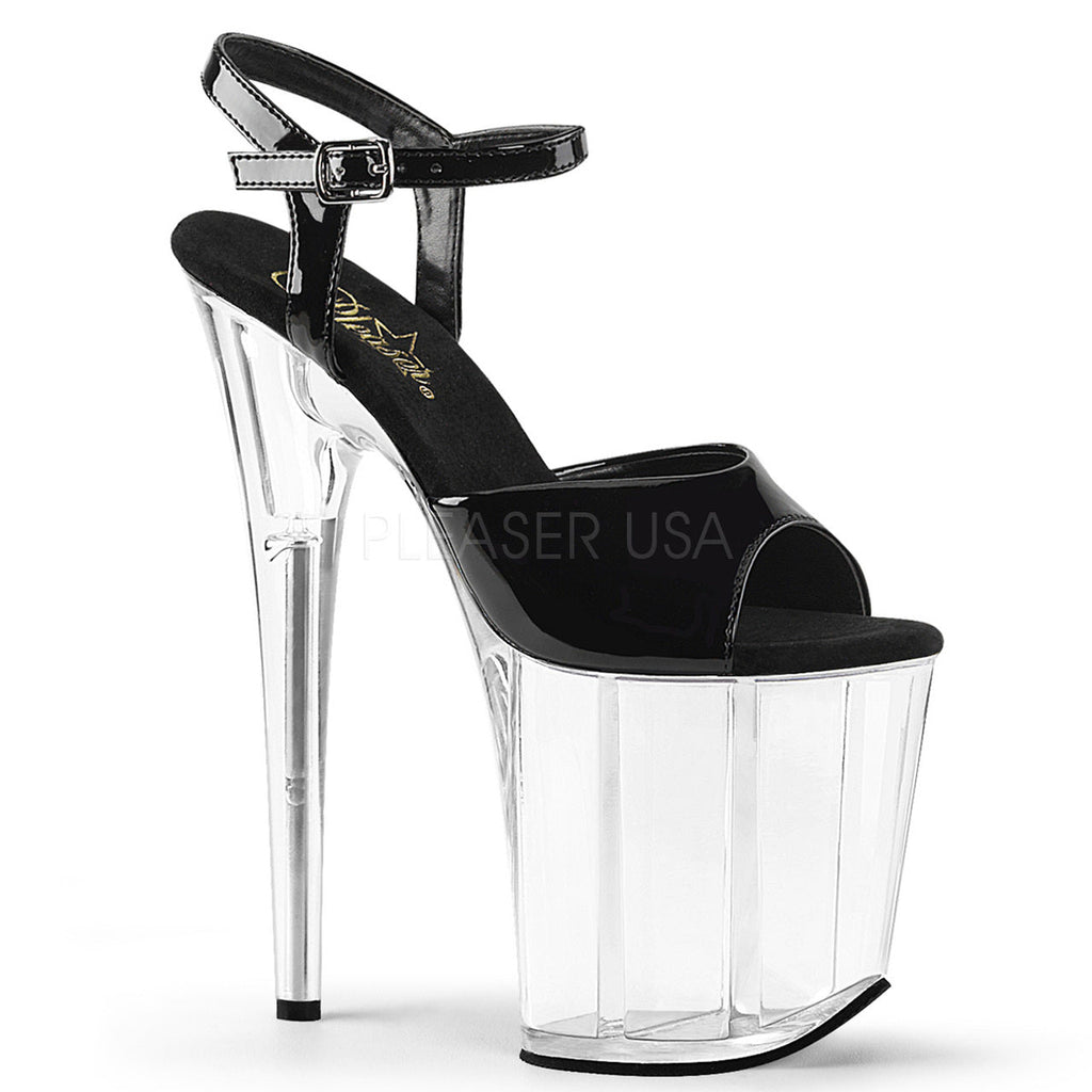 Sexy 8 inch stiletto heel clear and black pole dancing shoes featuring 4" platform with ankle strap.
