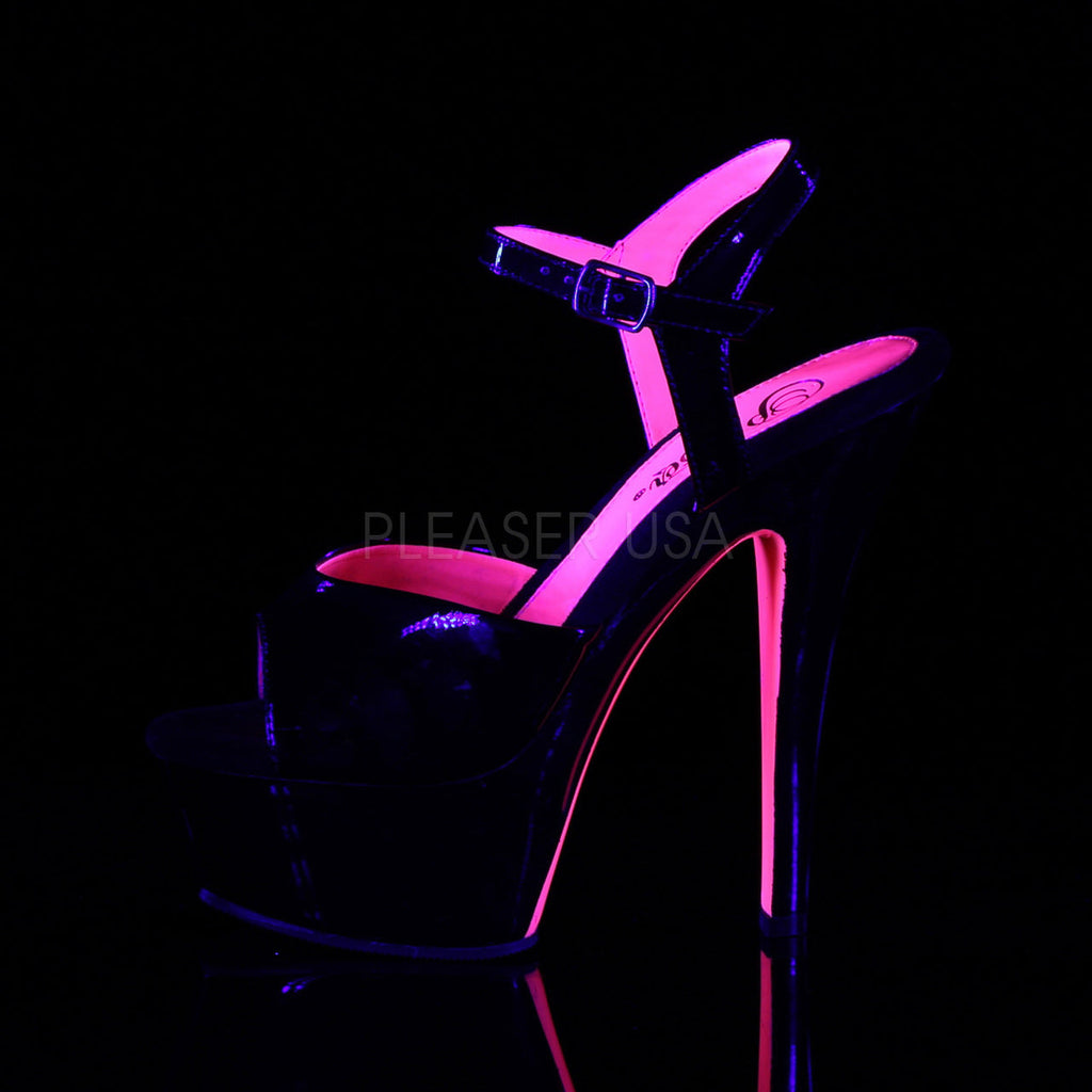 Pleaser Shoes -Sexy black/Hot pink 6 inch stiletto stripper heels with ankle strap 1.8" platform.