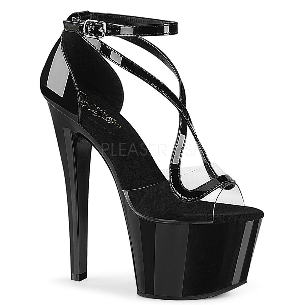Pleaser Shoes -Sexy clear/black 7 inch stiletto exotic dancer high heels with ankle strap 2.8" platform.