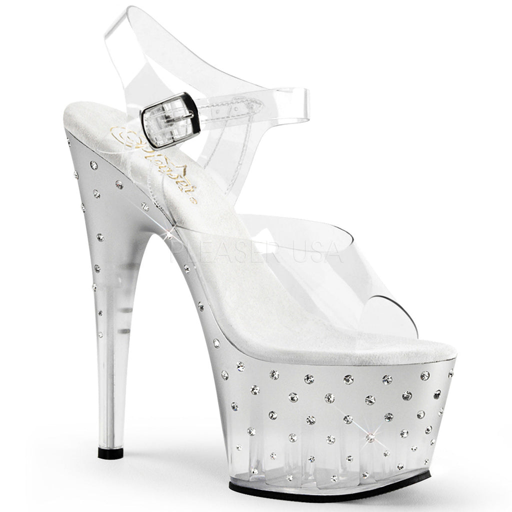 Sexy clear/silver ankle strap stripper shoes with 7" spike heel.